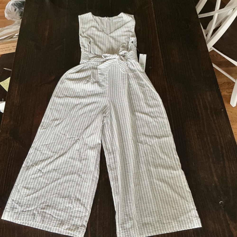 Calvin Klein Womens Striped Seersucker Wide Leg Jumpsuit White Black CD2E3183 8